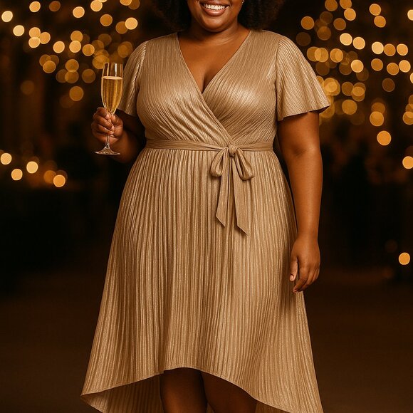 Lane Bryant Metallic High Low Dress Champagne Gold Silver Flutter Sleeve Plus 18 - Picture 1 of 9